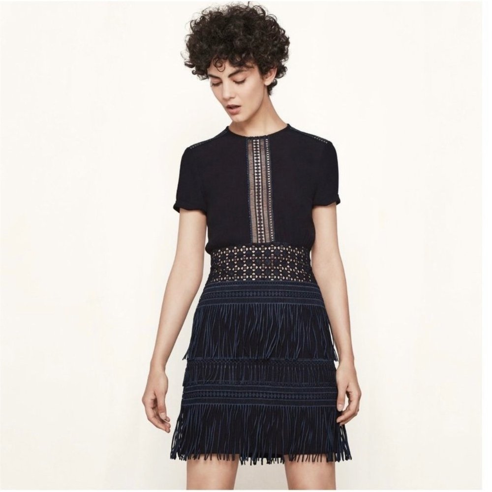 Maje Reia Nuit Fringe Little Black Dress 1 / Small Lace Overlay Mini Cutout NWOT